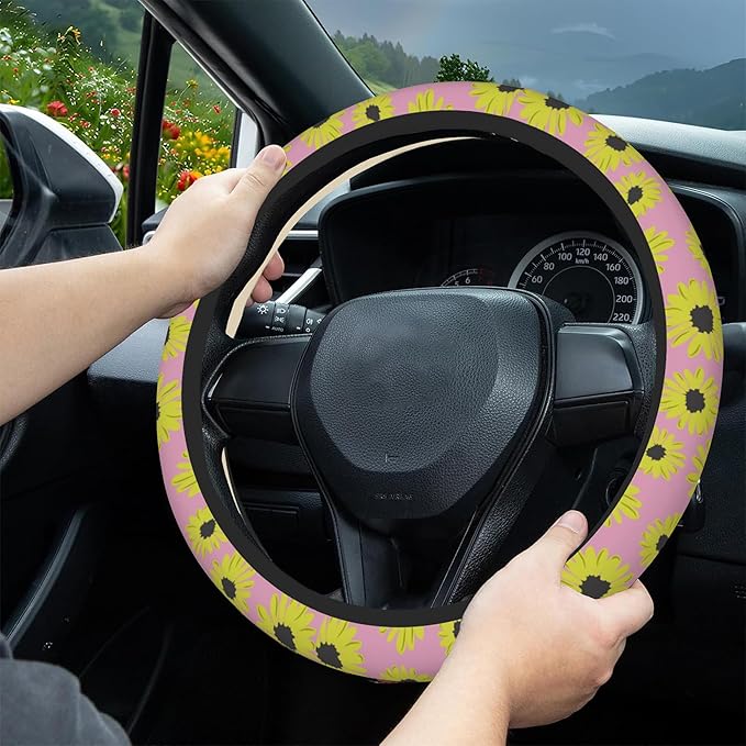 Abstract Sunflower Car Steering Wheel Cover, Non-Slip Absorbing Sweat Car Wheel Cover Accessories for Men Women,Universal 15" Fit Auto SUV Vans Trucks