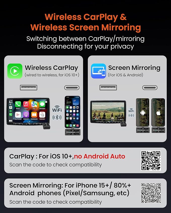 Wireless CarPlay Adapter & All-Platform Wireless Screen Mirroring GETPAIRR Cast- No Lag Streaming for iOS/Android, Dual Connection, WiFi 6/Bluetooth 5.4, Plug & Play, OTA Update (2025 Newupgrade)