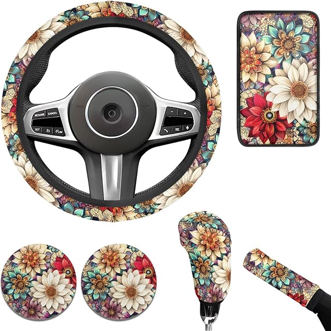 Hippie Blossom Lotus Car Interior Decor for Women 6 Pcs Flower Print Steering Wheel Cover Cup Coaster Handbrake Gear Cover Suit for Most Cars Truck Vans SUV