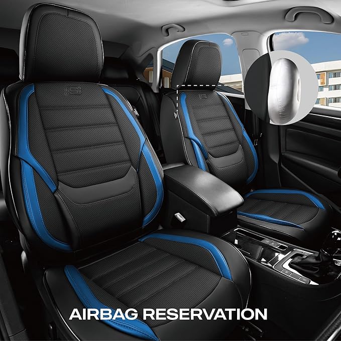 Skechers MAX Cushioning Seat Covers,Memory Foam Leather Car Seat Covers,Waterproof Front Seat Covers,Car Seat Cushion Airbag Automotive Universal Fit for Most Cars,Vans,Trucks,SUV,Blue