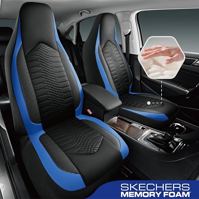 Skechers Memory Foam Car Seat Covers, Leather High Back Seat Covers Quilting Design,Waterproof Sports Car Seat Covers Full Sets,Airbag Compatible, Universal Fit for Most Cars, SUVs,Trucks,Blue