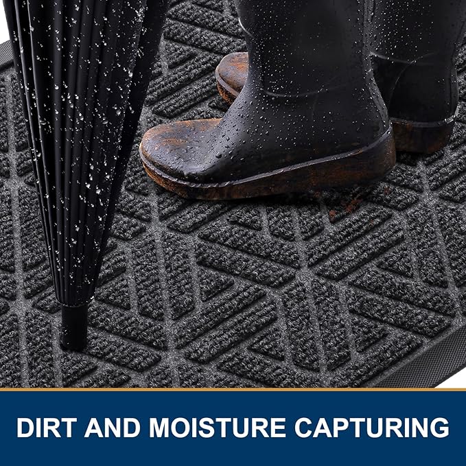 Smiry Front Door Mat Outside Entrance, Heavy Duty Sturdy Natural Rubber Doormat, Trap Dirt and Moisture, Easy Clean Low Profile Mats for Indoor Outdoor Entry, Grid Geometric (47x24, Grey)