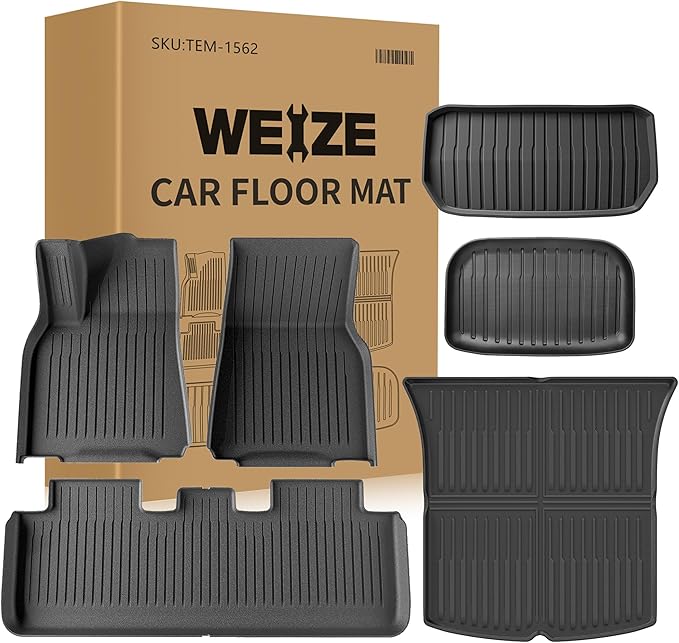 Weize Floor Mats & Cargo Liners Fits Tesla Model Y 5-Seat 2021 2022 2023 2024 All Weather TPE Floor Mats and Cargo Trunk Mats Accessories, Set of 6 Mats (Not Fit 7-Seat)