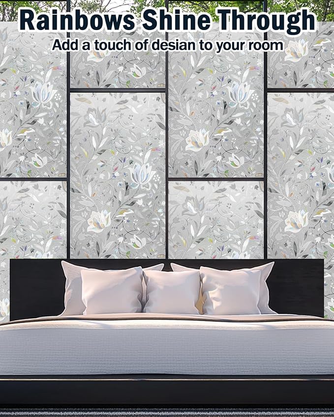 Frosted Tulip Patterned Window Privacy Film with Installation Tools, Stained Glass Decorative Film, Removable, Peep-Proof, Static Cling (35.4 x 78.7 Inch)