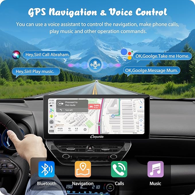 Carpuride W103 Pro with Wireless Bluetooth Transmission Portable Carplay & Android Auto Car Stereo, 10.3 inch 1080P Touch Screen, Mirror Link/GPS/Siri/FM, with 3 Bracket