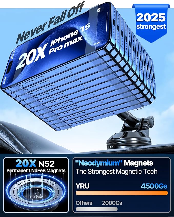 YRU[2025 Upgraded]Magnetic Phone Holder for Car【Patented & Super Magnet】for MagSafe Car Mount Dashboard Magnet Phone Holder Windshield Phone Stand for iPhone 17 16 15 14 13 Pro Max Samsung, Light Blue