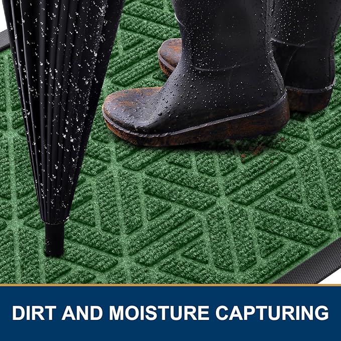 Smiry Front Door Mat Outside Entrance, Heavy Duty Sturdy Natural Rubber Doormat, Trap Dirt and Moisture, Easy Clean Low Profile Mats for Indoor Outdoor Entry, Grid Geometric (29.5x17, Green)