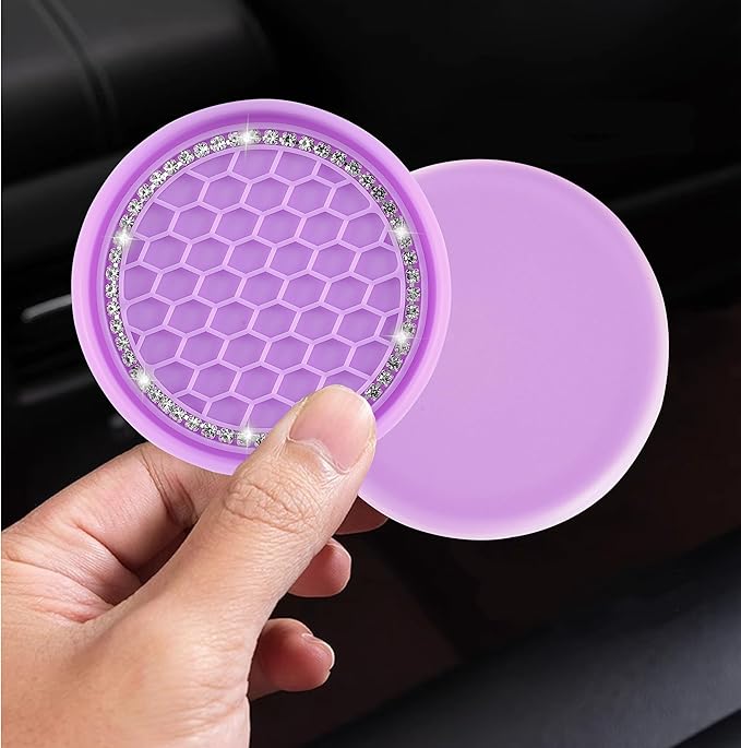 Amooca Car Cup Coaster 4 Pack Universal Non-Slip Cup Holders Insert Coasters Bling Crystal Rhinestone Car Interior Accessories Purple Grid