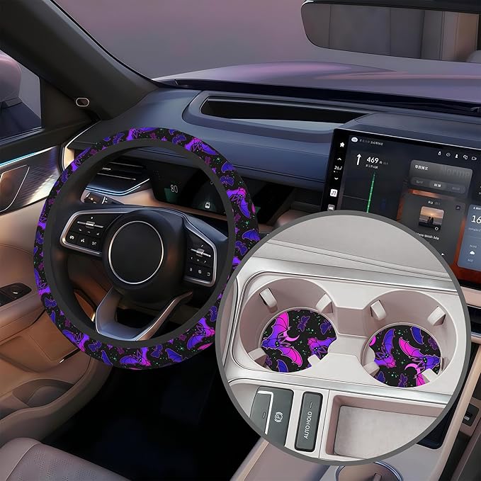 Purple Bat on Starry Sky Steering Wheel Cover with 2 Pcs Car Coasters Neoprene Steering Wheel Cover for Women Men Anti-Slip Breathable Car Accessories Universal 15 Inch Fit Auto Cars Trucks