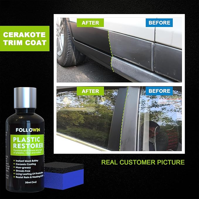 FOLLOWIN Plastic Restorer for Cars - Black Trim Restorer & Ceramic Coating, Resists Water, UV Rays, Dirt, Not a Dressing, Hydrophobic Protection, Highly Concentrated Formula,30ml