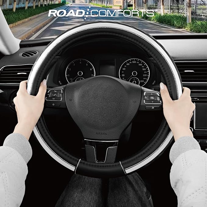 Road Comforts Leather Steering Wheel Cover – Black & Silver, Universal Fit 14.5-15 Inch, Microfiber Leather, Anti-Slip & Breathable Design for Men and Women