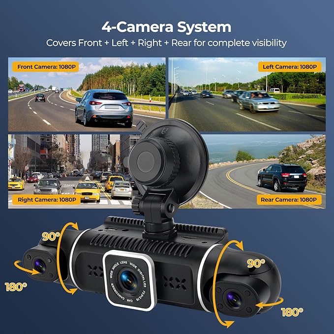 High Resolution 4 Channel Dash Camera,1080P 3.0in Display with Night Vision, G Sensor for Car DVR Functionality, WiFi and ADAS Mic