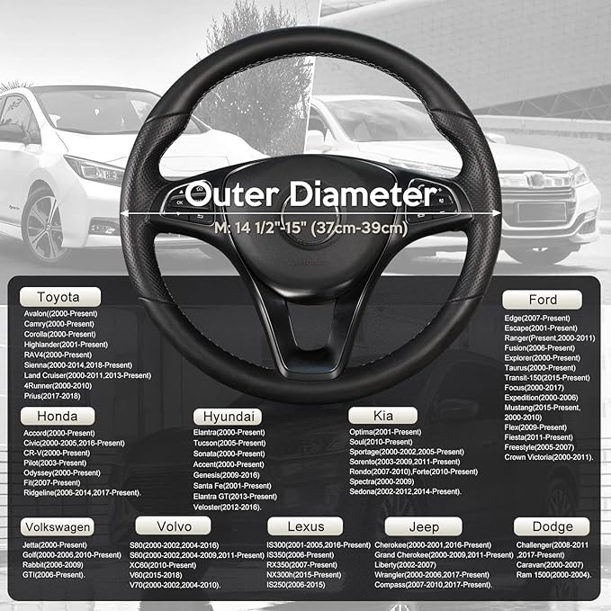 SEG Direct Car Steering Wheel Cover for Medium Standard Size Steering Wheels with 14 1/2-15 inches Outer Diameter, Black and Gray Microfiber Leather