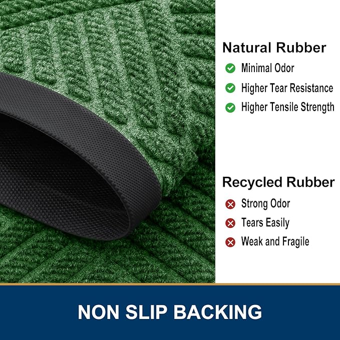 Smiry Front Door Mat Outside Entrance, Heavy Duty Outdoor Indoor Natural Rubber Doormat, Non Slip, Trap Dirt and Moisture, Easy Clean, Low Profile Patio Porch Entryway Mat, 59x23, Green