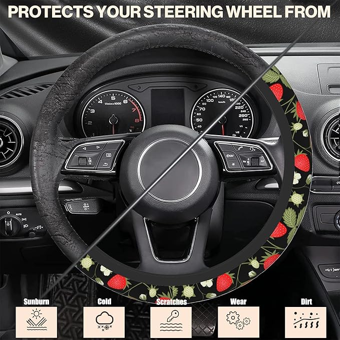 Strawberry Flowers Car Steering Wheel Cover, Non-Slip Absorbing Sweat Car Wheel Cover Accessories for Men Women,Universal 15" Fit Auto SUV Vans Trucks