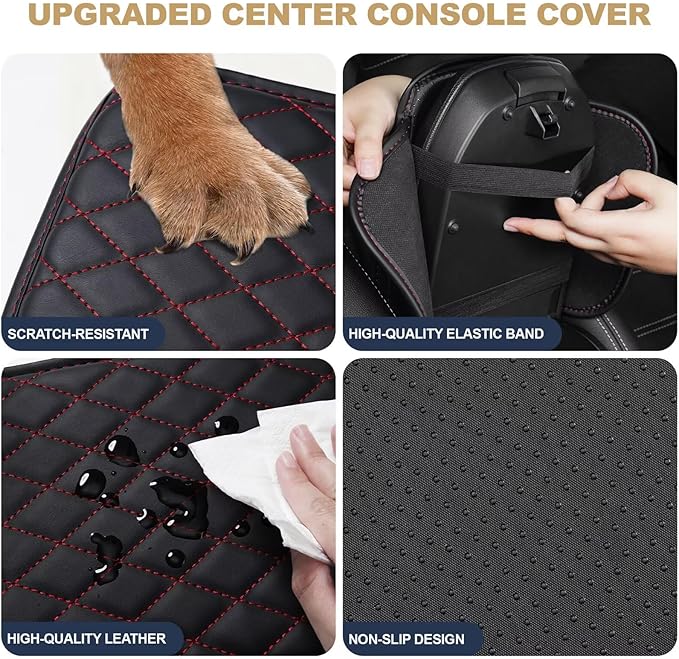 YORKNEIC Center Console Cover Fit for Ford Bronco: Middle Console Cover with 2 Storage Pocket,Faux Leather Waterproof Anti-Scratch Car Armrest Cover Protector(Black&Redline)