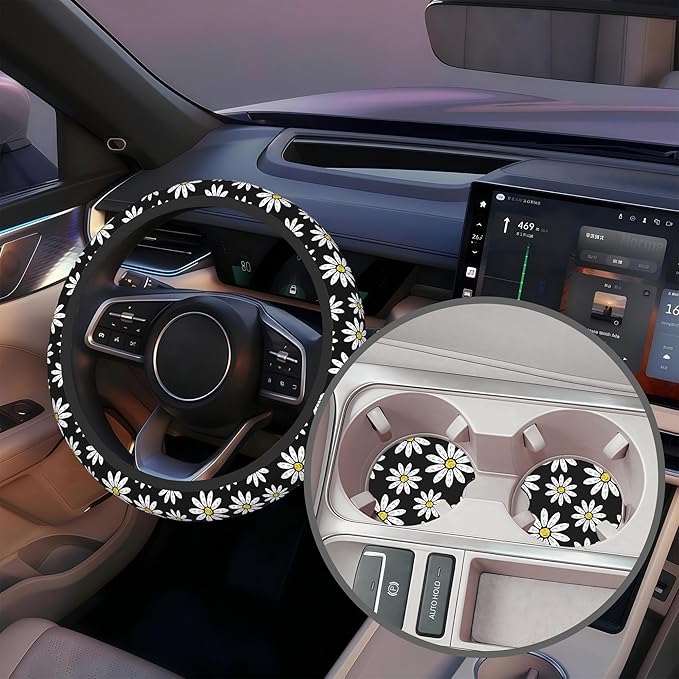 White Daisy Flowers Steering Wheel Cover with 2 Pcs Car Coasters Neoprene Steering Wheel Cover for Women Men Anti-Slip Breathable Car Accessories Universal 15 Inch Fit Auto Cars Trucks