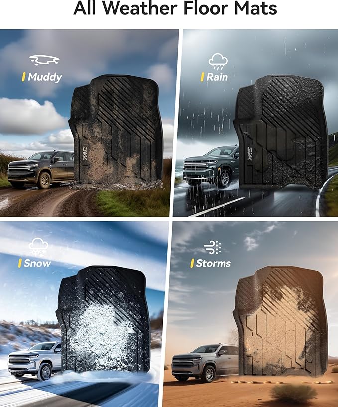 3W Floor Mats Fit for 2021 2022 2023 2024 2025 2026 Chevy Tahoe/GMC Yukon/Cadillac Escalade 7 Seat, TPE All Weather Custom Fit Car Accessories Full Set Car Floor Liners 7 Passengers