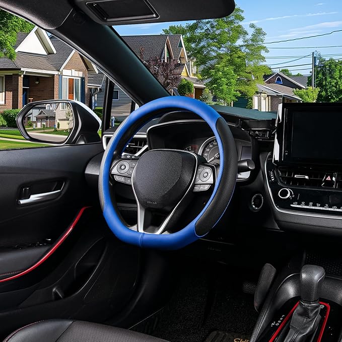 SEG Direct D Shaped Steering Wheel Cover for 14.5-15 inch Flat Bottom Wheels, Breathable Perforated Microfiber Leather, Anti-Slip Grip, Universal Fit for Cars & SUVs, Black and Blue