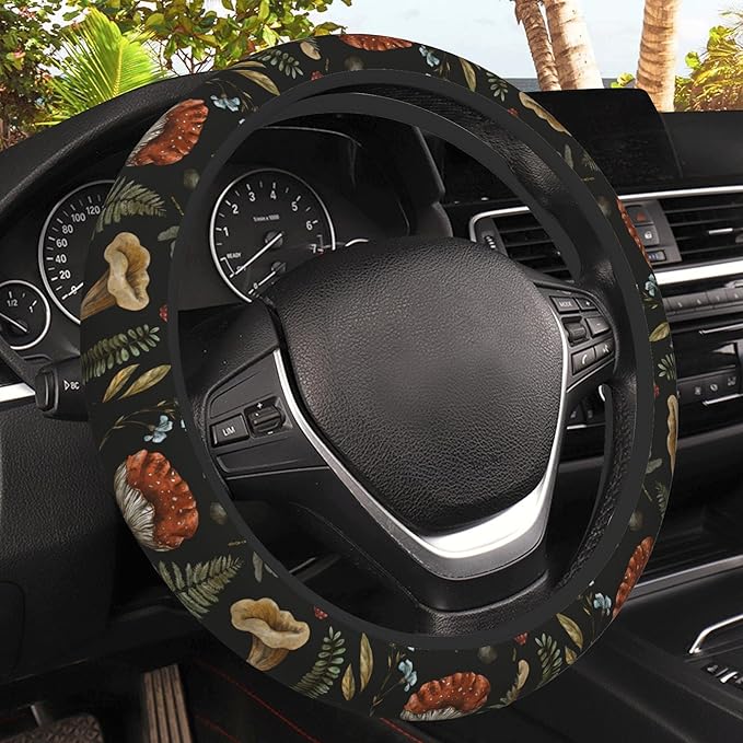Vintage Mushroom Steering Wheel Cover, Woodland Nature Elastic Non-Slip Steering Wheel Protector,Auto Interior Decor for Women Girls,Universal 15" Fit for Sedans,Trucks