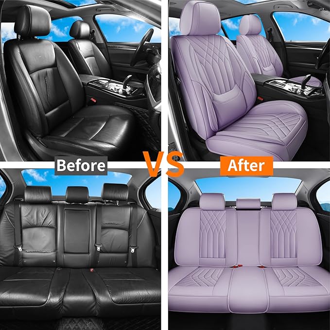 Purple Car Seat Covers Full Set, Waterproof Luxury Leather Purple Seat Covers for Women, Non-Slip Front & Rear Seats Cover Sets Universal Fit for Most Cars SUVs Trucks