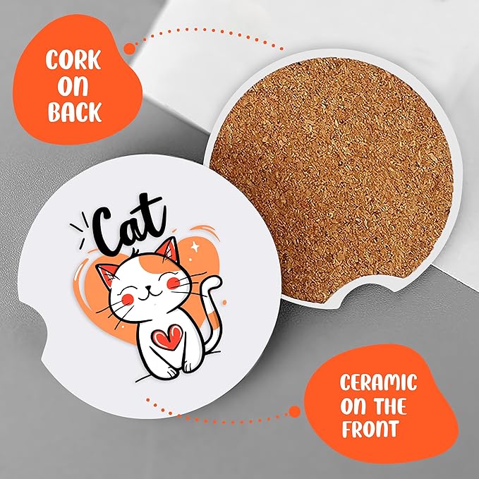 2 Pack Cat Car Cup Holder Coaster, Cute Car Interior Accessories Drink Coaster for Women & Men, Cat Lovers Themed Gifts Stuff Accessories Things Merchandise Items!