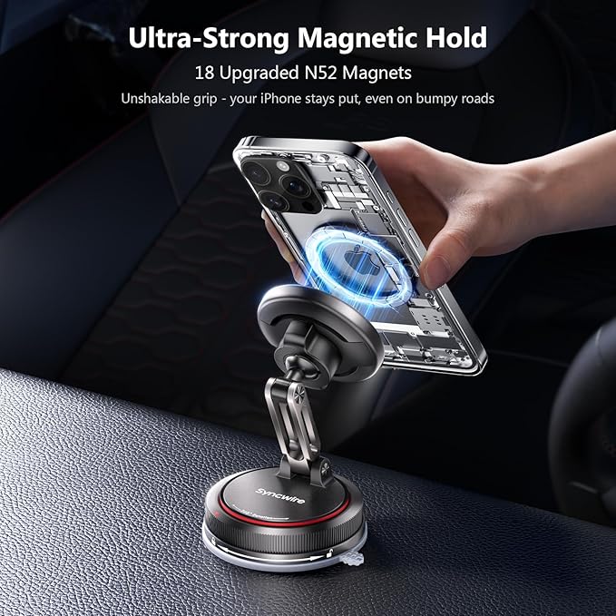 SYNCWIRE for MagSafe Car Mount [2-Axis Design] Nano Adhesive Gel + Suction Cup Magnetic Phone Holder for Dashboard & Windshield, 360° Adjustable for iPhone 17 16 15 14 13 12 11, Samsung, Matte Black