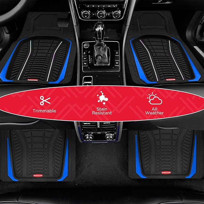 Rubbermaid Car Floor Mats Full Set – Premium All-Weather Car Mat with Brushed Aluminum Inserts, Universal Trim-to-Fit Design, Anti-Slip Backing for Cars, SUVs, Trucks, and Vans