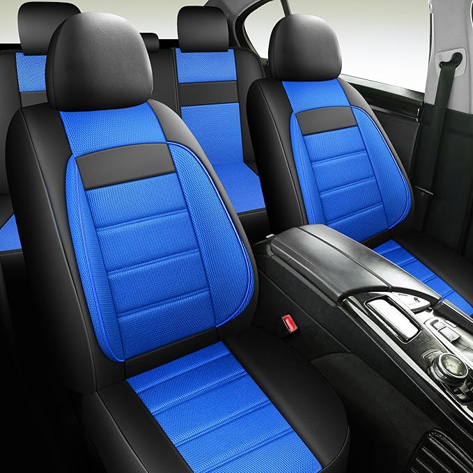 Leather 3D Foam Back Support Car Seat Covers Full Set Air Mesh Automotive Seat Covers, All Season Car Seat Cover Fit Automotive,SUV,Sedan,Van, Airbag Compatible Elegance (Black Blue)
