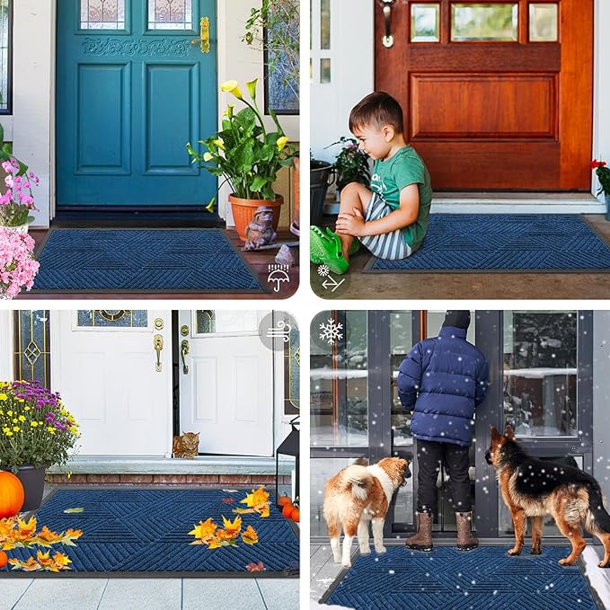 Smiry Front Door Mat Outside Entrance, Heavy Duty Sturdy Natural Rubber Doormat, Trap Dirt and Moisture, Easy Clean Low Profile Mats for Indoor Outdoor Entry, Irregular Triangle (36x24, Medium Blue)