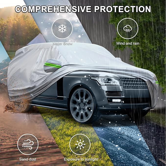Full Car Cover Universal 6 Layers Outdoor Thicked All Weather Cover, Sunshield, Waterproof, Snow Proof, UV Proof, Scratch Proof, Bird Droppings, 6 Reflective Strips, Fits MPV up 199"-210"