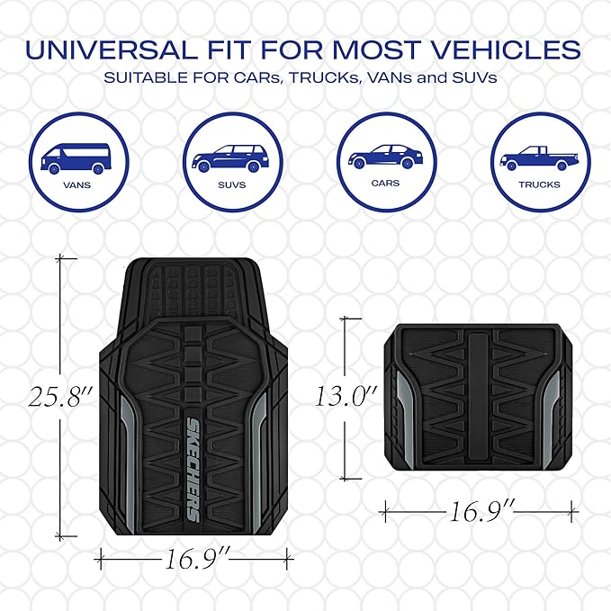 Skechers Car Floor Mats,Heavy Duty Rubber Car Mats Full Set,All Weather Floor Mats,Waterproof Trim to Fit Universal Floor Liner Car Accessories,Automotive Floor Mats for Cars Trucks SUV,Grey