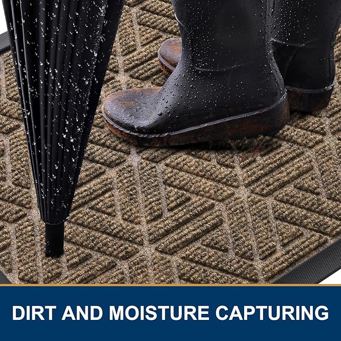 Smiry Front Door Mat Outside Entrance, Heavy Duty Sturdy Natural Rubber Doormat, Trap Dirt and Moisture, Easy Clean Low Profile Mats for Indoor Outdoor Entry, Grid Geometric (29.5x17, Brown)