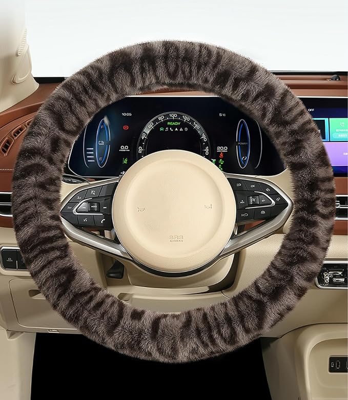 Fluffy Cheetah Car Steering Wheel Cover Luxurious Faux Fur Leopard Print Cute Wheel Protector Universal 15 Inch Fit for Vehicle, Car, Auto, SUV Winter Warm (Brown)