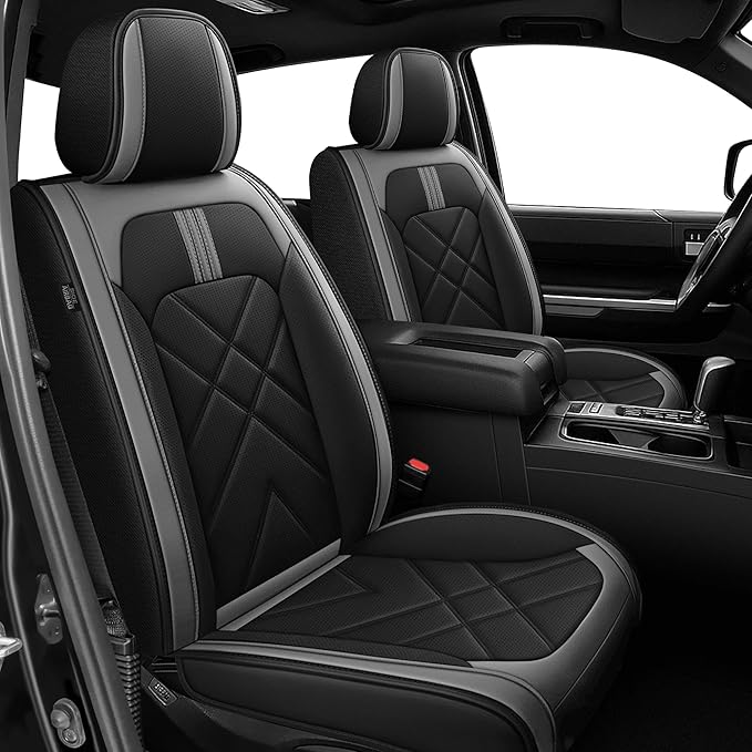 AOMSAZTO Seat Covers Custom Fit for 2014-2021 Toyota Tundra Crewmax Double Cab Breathable Leather Truck Car Seat Covers Full Set (Black&Grey)
