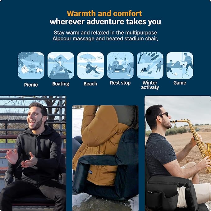 Alpcour Heated Massage Reclining Stadium Seat for Bleachers – Wide Bleacher Chair with Back Support and Cushion, Armrests, Large Pockets, and Multiple Safety Features – Best Stadium Seats Chairs