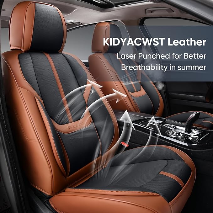 Auto Car Seat Covers Accessories Full Set Leather Cushion Protector Breathable Waterproof Seat Cover for Cars Universal Fit (Brown&Black, FullSet Without Headrest)
