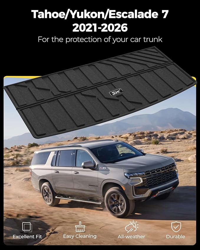 3W Cargo Liner Fit for 2021 2022 2023 2024 2025 2026 Chevy Tahoe/GMC Yukon/Cadillac Escalade 7 Seat, TPE All Weather Custom Fit Heavy Duty Car Accessories Trunk Mats 7 Passengers