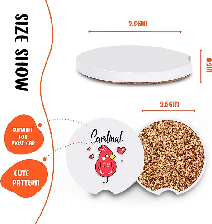 2 Pack Cardinal Car Cup Holder Coaster, Cute Car Interior Accessories Drink Coaster for Women & Men, Cardinal Lovers Themed Gifts Stuff Things Merchandise Items!