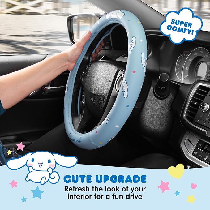 Sanrio Hello Kitty and Friends Cinnamoroll Blue Car Steering Wheel Cover, Universal Fit Cute Accessories for Women Stylish Decor Gifts Hello Kitty Car Accessories - Fits Standard Wheels 14.5"-15"