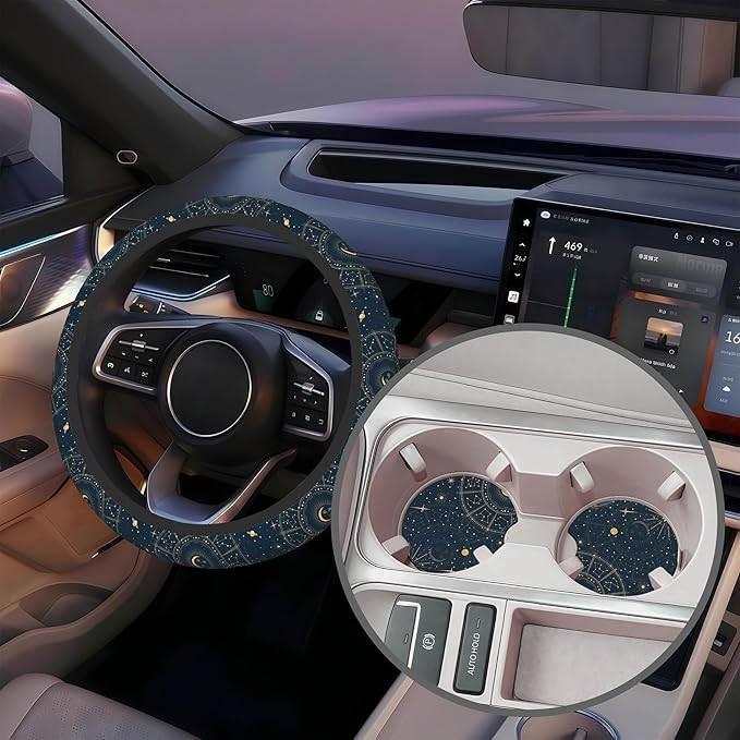 Astrology Moon Star Steering Wheel Cover with 2 Pcs Car Coasters Neoprene Steering Wheel Cover for Women Men Anti-Slip Breathable Car Accessories Universal 15 Inch Fit Auto Cars Trucks