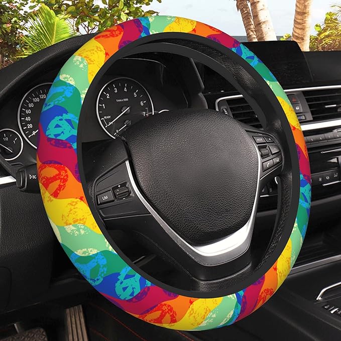 Rainbow Peace Signs Car Steering Wheel Cover, Non-Slip Absorbing Sweat Car Wheel Cover Accessories for Men Women,Universal 15" Fit Auto SUV Vans Trucks