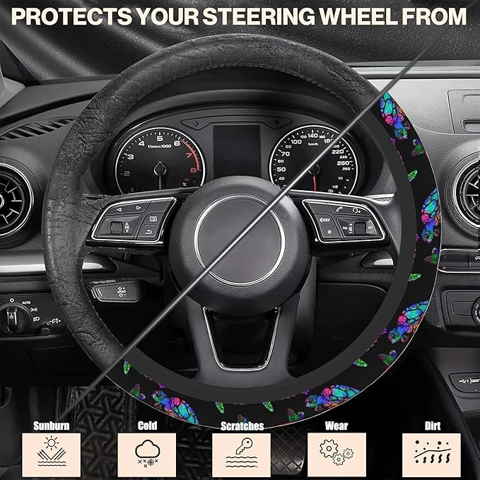Rainbow Sea Turtle Car Steering Wheel Cover, Non-Slip Absorbing Sweat Car Wheel Cover Accessories for Men Women,Universal 15" Fit Auto SUV Vans Trucks