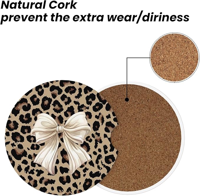 Absorbent Car Coasters for Cup Holders, 2 Pack Universal Anti Slip Ceramic Cup Coaster for Women Men 2.56 Inch Car Interior Accessories - Bow Tie Brown Leopard 007