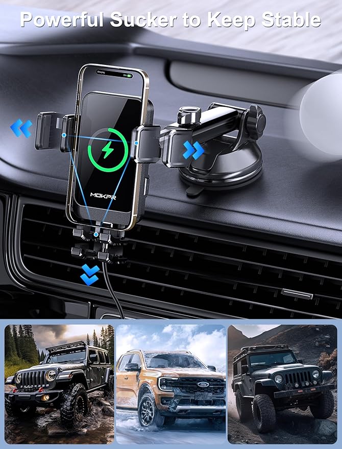 Wireless Car Charger, MOKPR 15W Fast Charging Auto Clamping Dashboard Windshield Air Vent Car Phone Holder Car Charger for iPhone 16 15/14/13/12 Pro Max Plus, Samsung S23/S22/S21,etc
