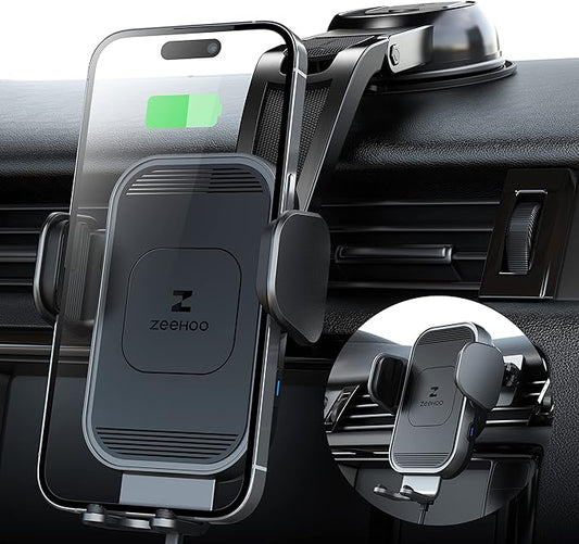 ZeeHoo Wireless Car Charger, 15w Fast Charging, Auto Clamping Car Phone Mount, Cell Phone Holder Charger, for iPhone 17 16 15 14 13 12 11 Pro Max Xs, Samsung Galaxy S23+ S22, Etc.(Grey)