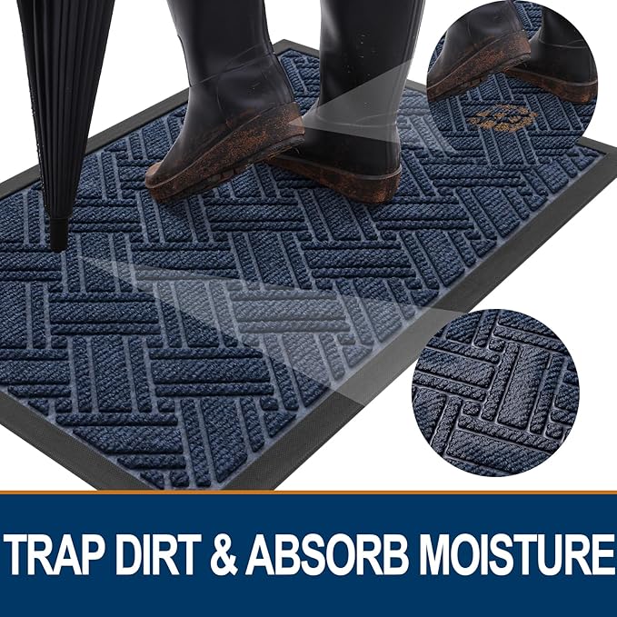 OLANLY Indoor Outdoor Mat, Sturdy Natural Rubber Floor Mat, Non Slip Low Profile Waterproof Doormat, and Stain Front Door Mats, Easy Clean Patio Entrance Mat, 36''x24'', Navy