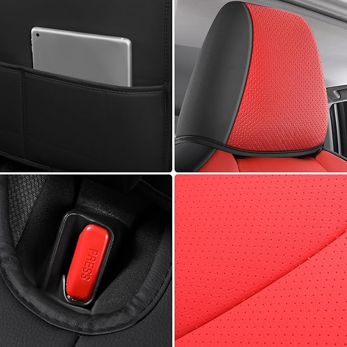 AOOG Leather Car Seat Covers Fit RAV4, Waterproof Faux Leather Seat Covers Custom Fit for Toyota RAV4 2019 2021 2022 2023 LE,XLE,XLE Premium, Limited (Full Set, Black&Red)