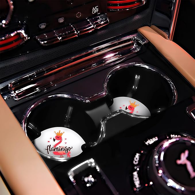 2 Pack Flamingo Car Cup Holder Coaster, Cute Car Interior Accessories Drink Coaster for Women & Men, Flamingo Lovers Themed Gifts Stuff Accessories Things Merchandise Items!