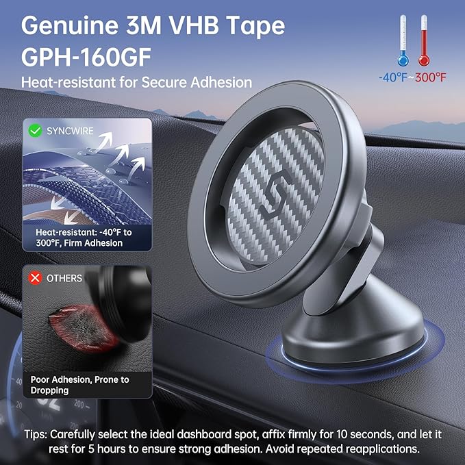 SYNCWIRE for MagSafe Car Mount - Kevlar Material Magnetic Phone Holder for Car Dash,360° Rotation Strong Magnets Car Phone Holder Compatible iPhone 17 Pro Max Air 16 15 14 13, MagSafe Car Accessories